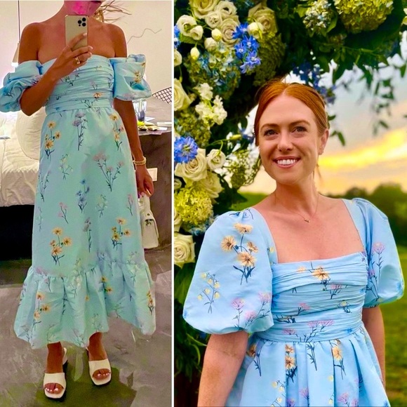 Self-Portrait Watercolour Puff Sleeve Taffeta Blue Floral Midi Maxi Dress 4 S - Picture 11 of 15
